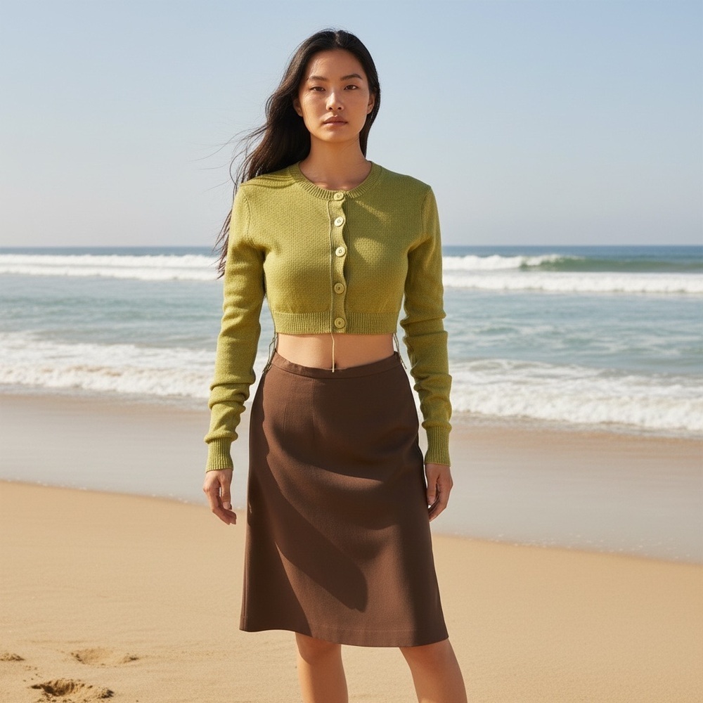 New Zara Cotton Cropped Knit Olive Cardigan Size XS